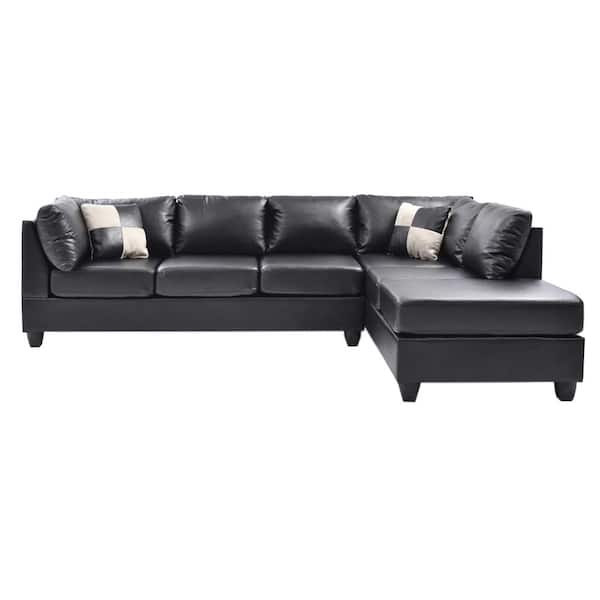 AndMakers Malone 111 in. Black Faux Leather 4-Seater Sectional Sofa with 2-Throw Pillow