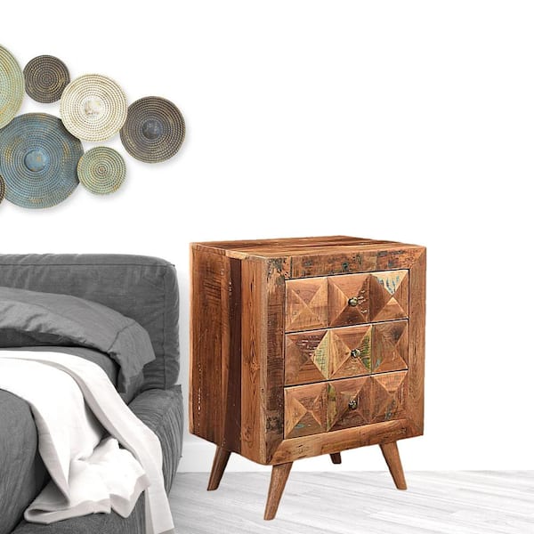 HomeRoots 30 in. Distressed Dark Brown Geometric Pattern Three Drawer Solid Wood Nightstand