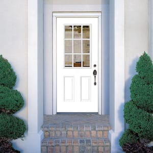 32 in. x 80 in. Right-Hand/Inswing Premium 9 Lite Clear Glass Primed White Steel Prehung Front Door with Brickmold