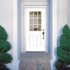 Premium 9 Lite Primed Steel Prehung Front Door with Brickmold