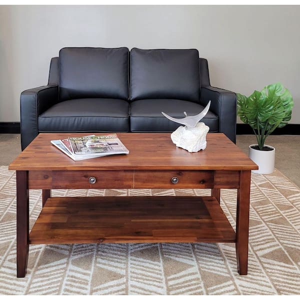 38 in. Mahogany Rectangle Acacia Wood Top Coffee Table with Shelf
