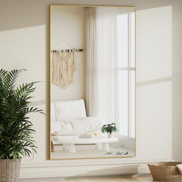 XRAMFY 34 in. W x 76 in. H Rectangular Classic Gold Aluminum Alloy Framed Full Length Mirror Standing Floor Mirror