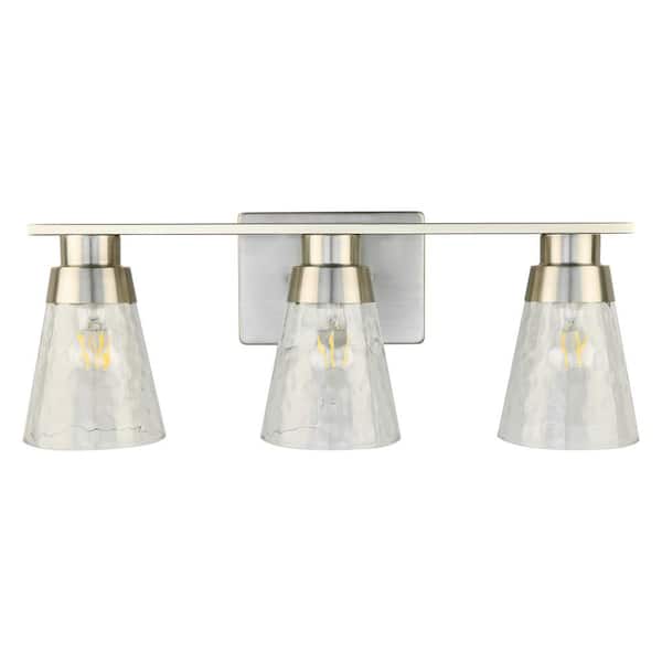 PUDO 22 in. 3-Light Elegant Silver Barthroom Vanity Light with Glass Shade and Brushed Nickel Wall Light for Mirror