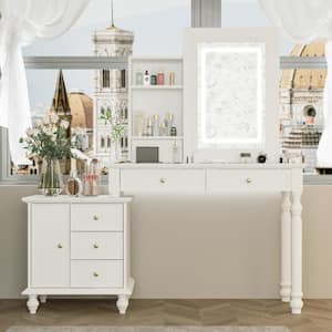 White Makeup Station Makeup Vanity Mirror Wood Dressing Table with Sliding LED Color Changed Mirror, Cabinet, 6-Drawers
