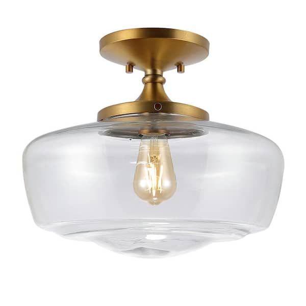 14" Marfa Glass/Iron LED Flush Mount Brass - JONATHAN Y: Schoolhouse-Inspired, Edison Bulb