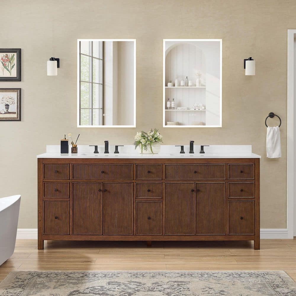 Pendry 84 in. Double Freestanding Dark Walnut Bath Vanity with White Cultured Marble Top price history on PriceWatchPro