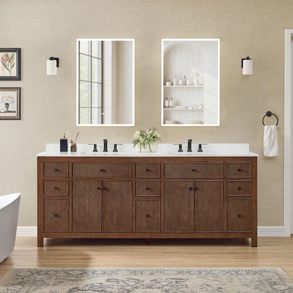 Pendry 84 in. Double Freestanding Dark Walnut Bath Vanity with White Cultured Marble Top