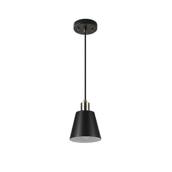 Globe Electric Davis 1-Light Plug-In or Hardwire Matte Black Pendant Light with Matte Brass Accents