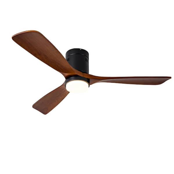 52 in. Flush Mount Standard Ceiling Fan with Light and Remote, Black Housing with Dark Brown Solid Wood Blades