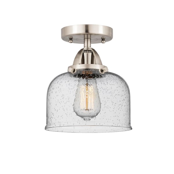 Bell 8 in. 1-Light Satin Nickel Industrial Semi-Flush Mount with Seeded Glass Shade