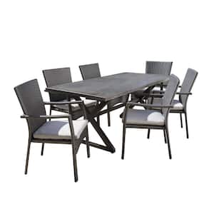 Black 7-Piece Plastic and Aluminum Rectangular Outdoor Dining Set with Gray Cushion