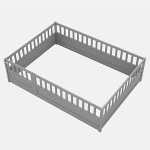 Gray Wood Frame Full Size Platform Bed with Super High Security Barrier, Door