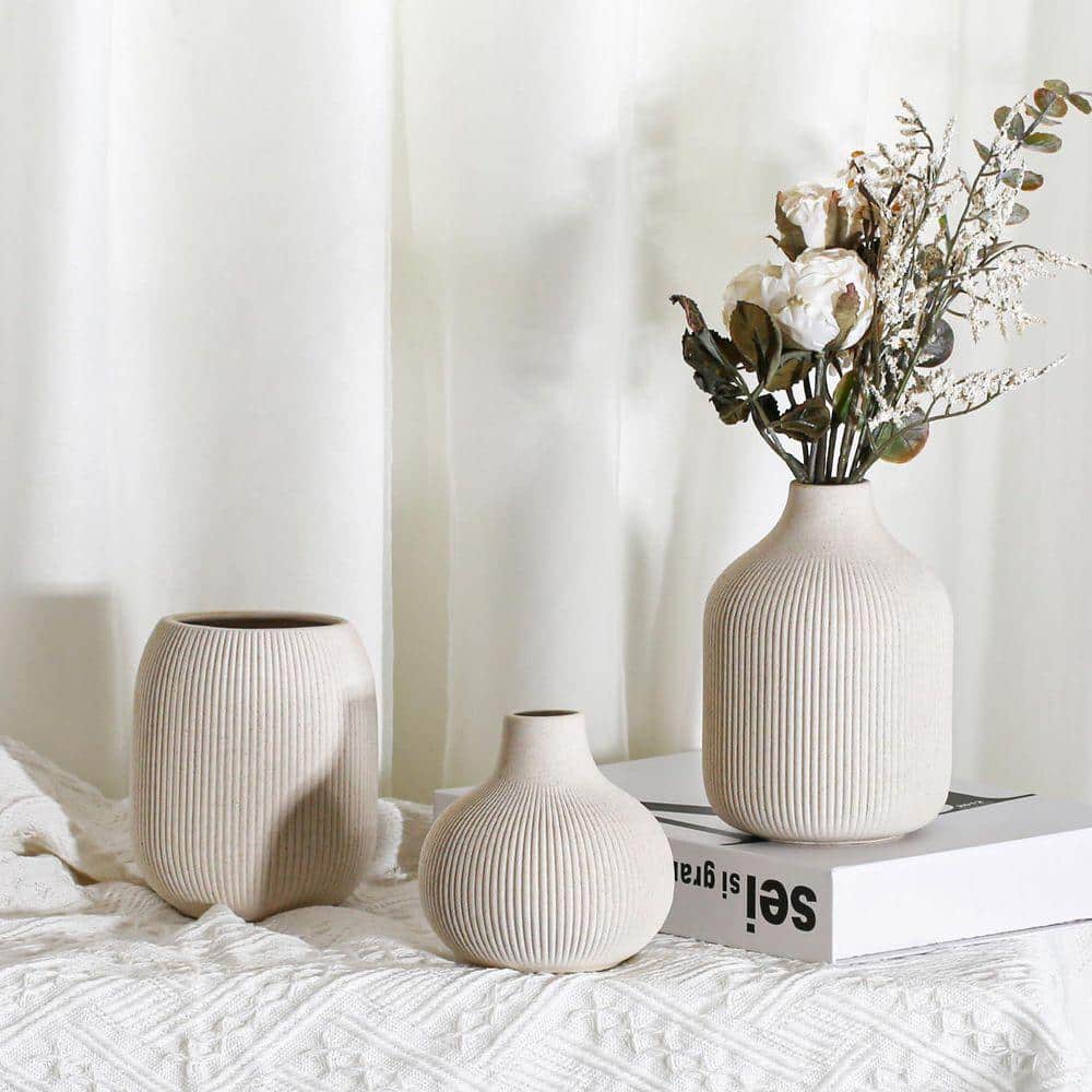 5.9 in Modern Beige Ceramic Vase (Set of 3) Ribbed Texture Boho Minimalist Home Decor, Small Decorative Vases MKCV26TVV-BE