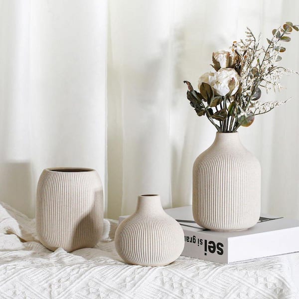 5.9 in Modern Beige Ceramic Vase (Set of 3) Ribbed Texture Boho Minimalist Home Decor, Small Decorative Vases MKCV26TVV-BE
