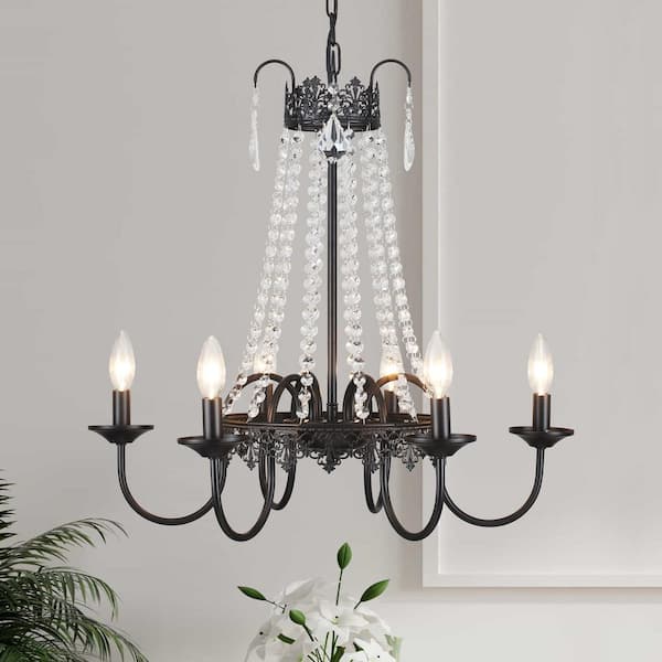 24.41 in. 6-Light Black Crystal Candle Chandelier French Country Ornate Pendant Light, No Bulbs Included