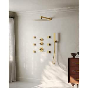 5-Spray 12 in. Dual Shower Head Wall Mount 2 in 1 Fixed and Handheld Shower Head in Brushed Gold with Body jets