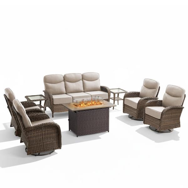 High Crescent 10-Piece Brown Wicker Patio Conversation Set with Beige Cushions and Wicker Fire Pit Table