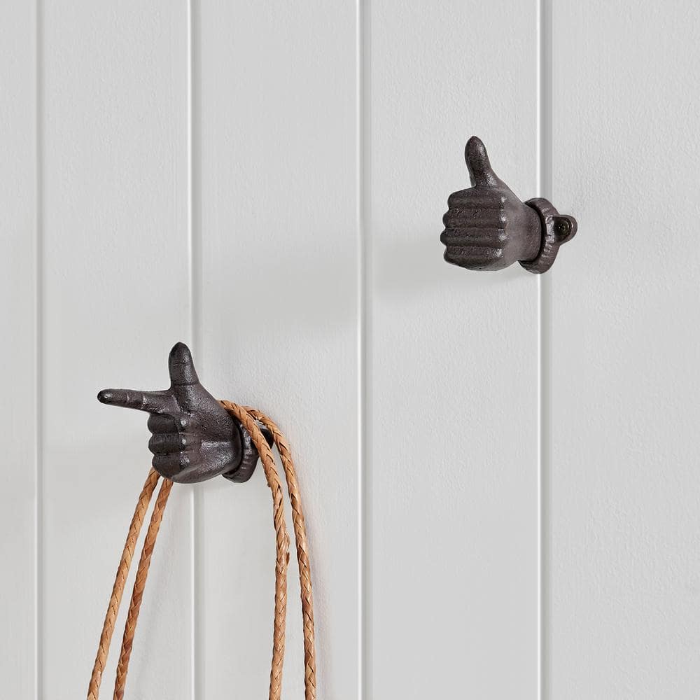Dark Brown Cast Iron Thumbs Up and Pointing Finger Wall Hook Set