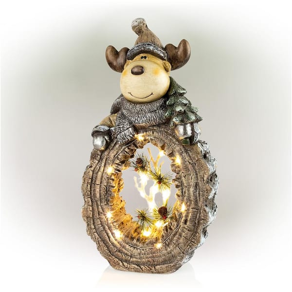 Alpine Corporation 21 in. Tall Reindeer Statue with Carved Wood Look and LED Lights