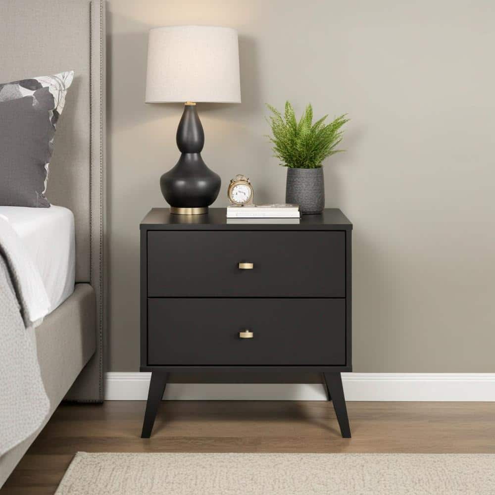 Black Mid-Century Modern 2-Drawer Nightstand with Brass Knobs
