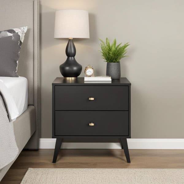 Prepac Milo Mid-Century Modern Black 2-Drawer 25 in. W Contemporary Nightstand Side Table, Night Stand Bedside Table