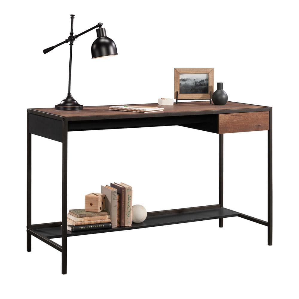 Black and Oak Wood Writing Desk with Drawer and Shelf
