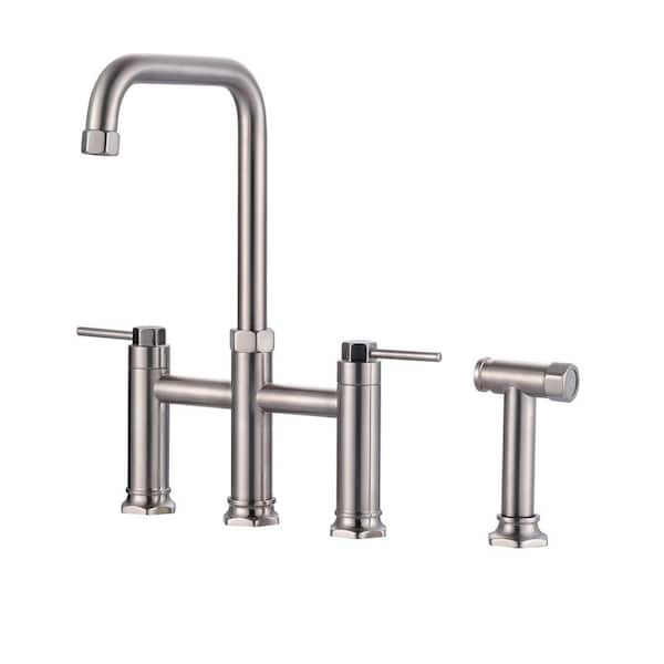 2-Handle High-Arc 4-Hole Deck-Mount Kitchen Faucet with Side Sprayer in Solid Brass, Brushed Nickel