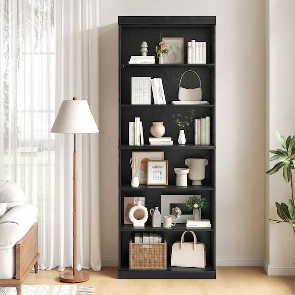 82 in. Tall Black Wood 6-Shelf Standard Bookcase with Adjustable Shelves
