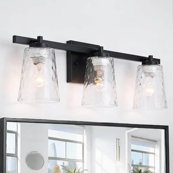 Radiance 22.8 in. 3-Light Black Vanity Light with Clear Water Glass Shades