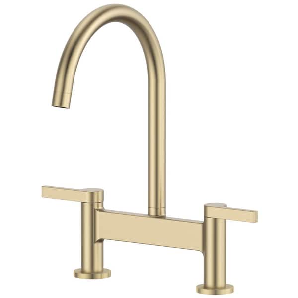 Modern Double-Handle 2-Holes Deck Mount Bridge Kitchen Faucet With 360 Swivel Spout Sink Faucet in Brushed Gold