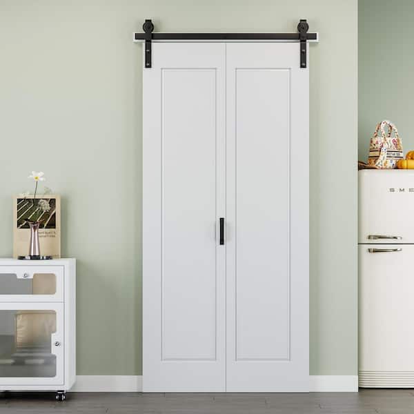 42 in., x 84 in., Paneled 1-Lite White Primed Hollow Core MDF Composite Bi-fold Door with Bifold Barn Door Hardware