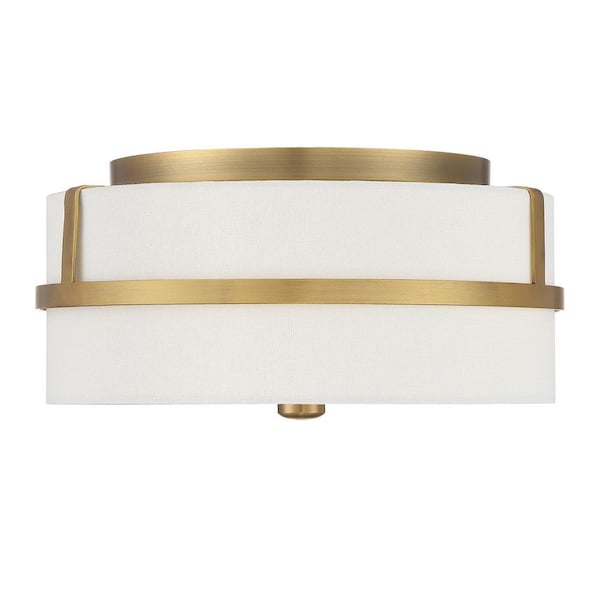 TUXEDO PARK LIGHTING 13 in. W x 6 in. H 2-Light Natural Brass Flush Mount Light with White Glass Drum Shade