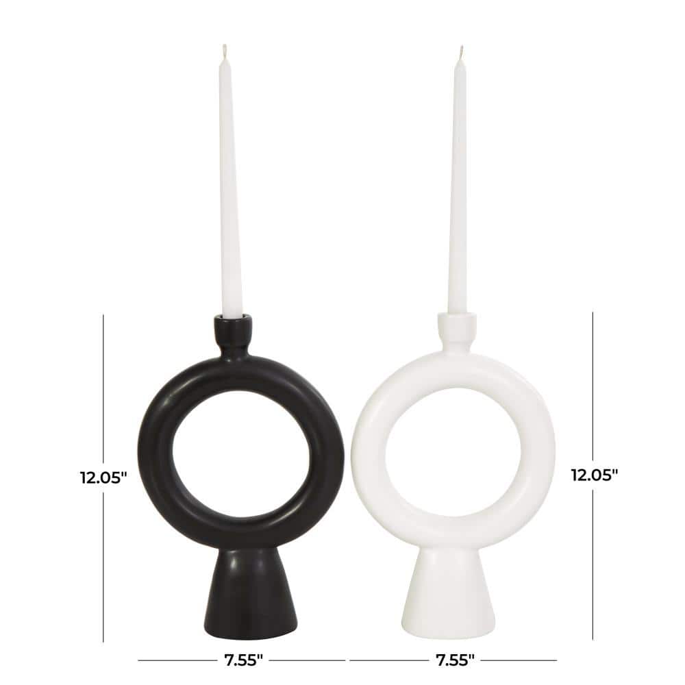 Black and White Ceramic Geometric Ring Tabletop Candlesticks, Set of 2