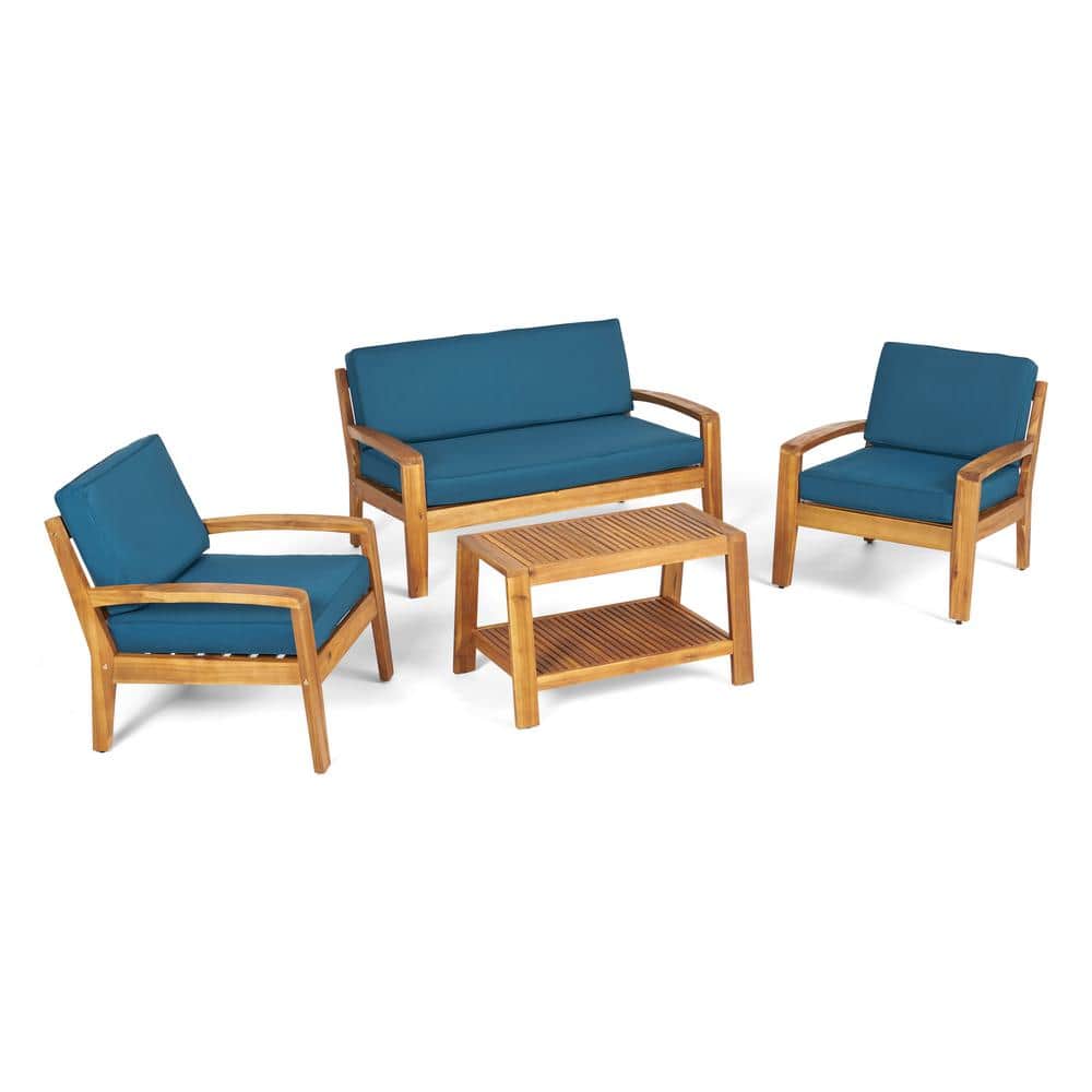 Noble House Grenada Teak Brown 4Piece Wood Outdoor Patio Conversation