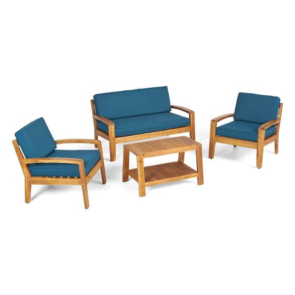 Noble House Grenada Teak Brown 4-Piece Wood Patio Conversation Set with Teal Cushion