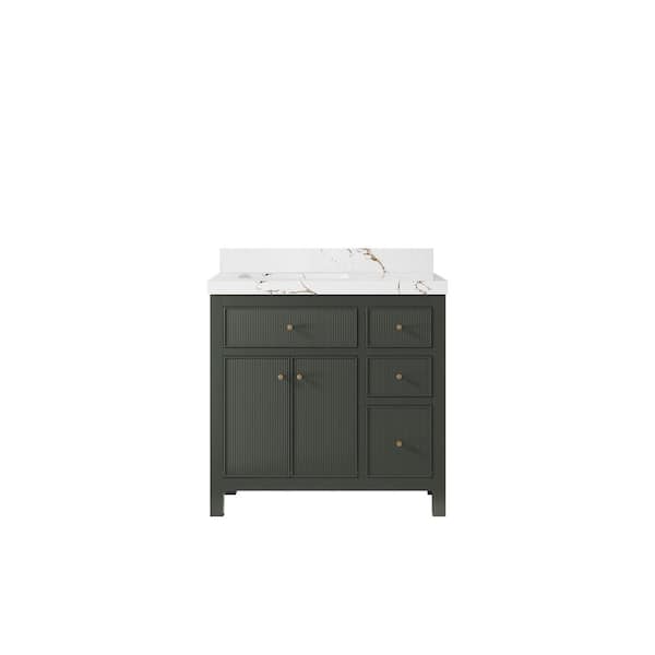 Willow Collections Sonoma 36 in. Left Sink Freestanding Pewter Green Bath Vanity with Viola Brown Qt. Top Unassembled