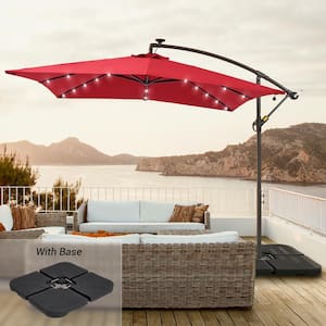8.2 ft. Square Solar LED Cantilever Patio Umbrellas With Base in Red