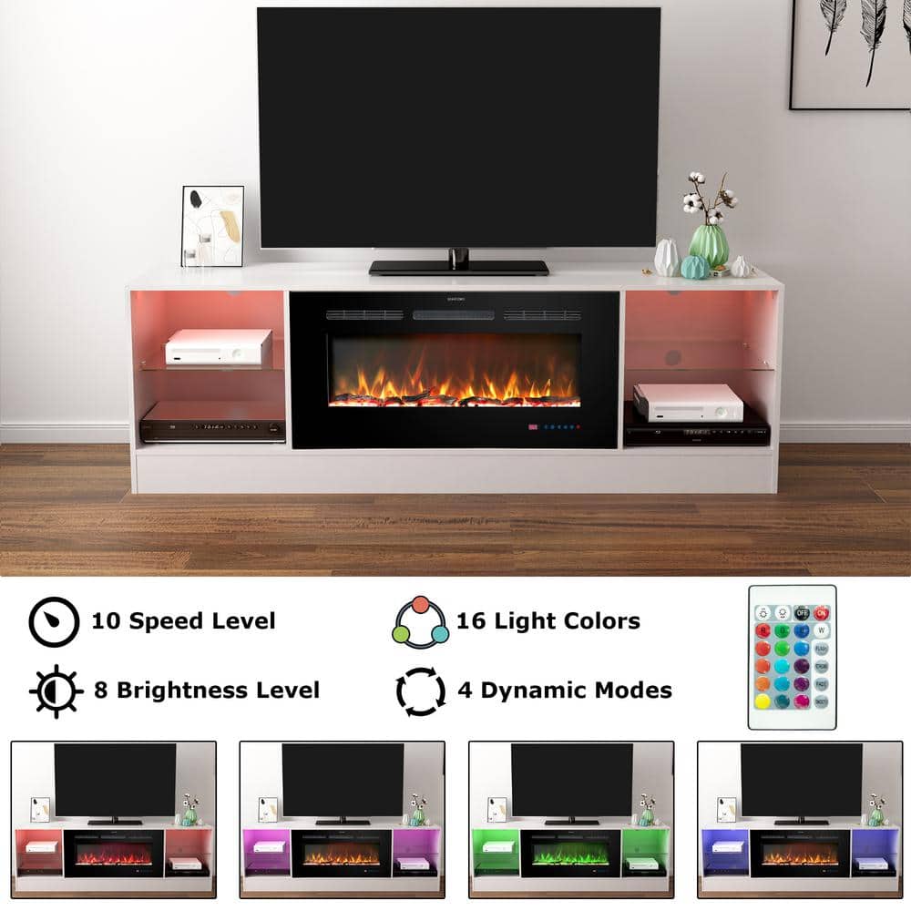 White Wooden 72" TV Stand with Electric Fireplace and LED Lights