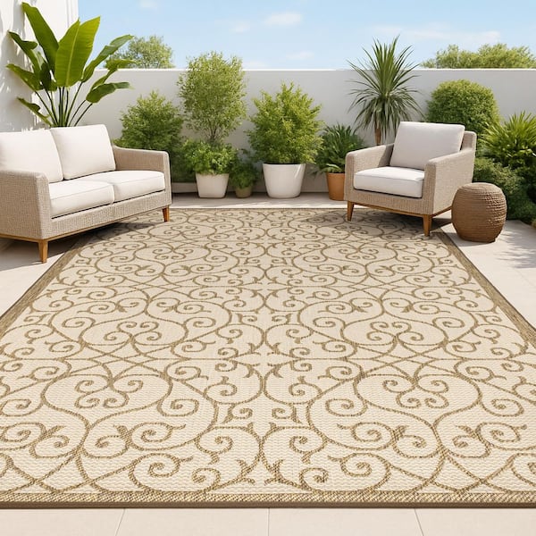 Beige/Brown 9 ft. x 12 ft. Madrid Vintage Filigree Textured Weave Indoor/Outdoor Area Rug