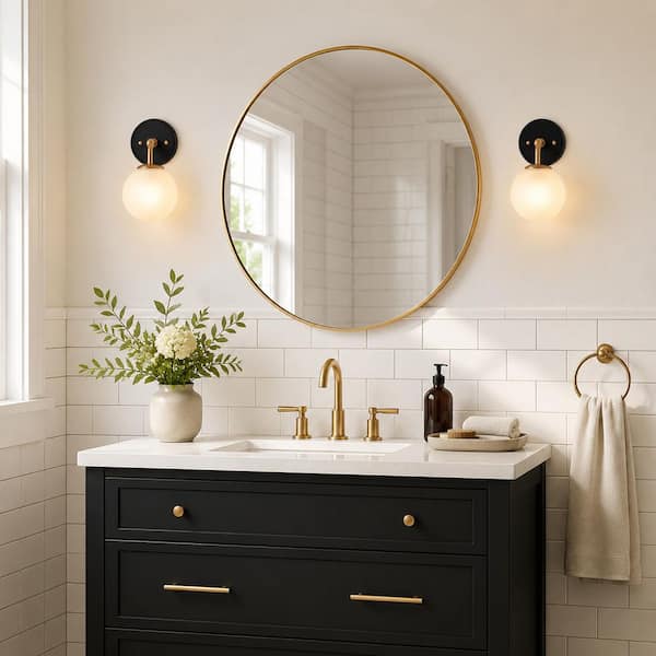 Anteros Modern 5.5 in. 1-Light Vintage Gold Wall Sconce with Matte Black Accents and Frosted Glass Globe Shade