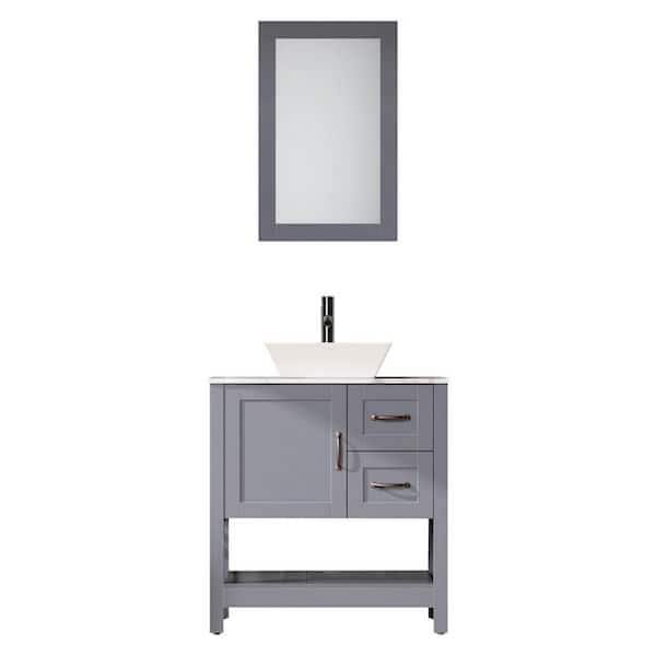 Unbranded 30 in. W x 18.5 in. D x 35 in. H Single Sink Bath Vanity in Gray with White Marble Top and Mirror/Faucet and Drain