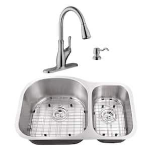 Undermount Stainless Steel 31-1/2 in. 70/30 Double Bowl Kitchen Sink with Brushed Nickel Faucet