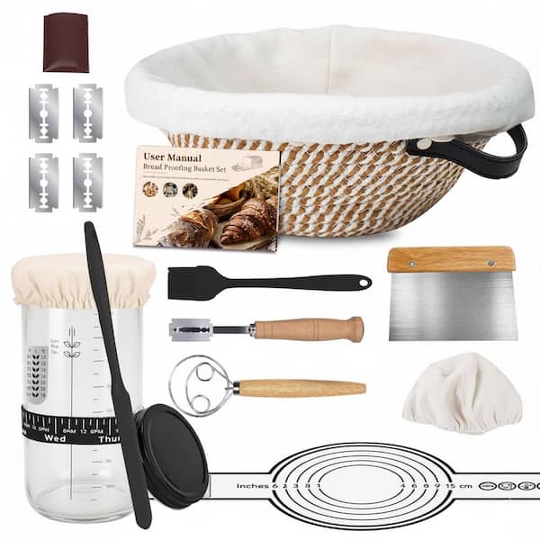 Sourdough Starter Kit 10 in. Round Banneton Basket with Bread Lame, Dough Whisk, Starter Jar and Baking Tools in Khaki