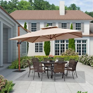 11 ft. Square High-Quality Wood Pattern Aluminum Cantilever Polyester Patio Umbrella with Base Plate, Beige