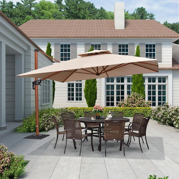PURPLE LEAF 11 ft. Square High-Quality Wood Pattern Aluminum Cantilever Polyester Patio Umbrella with Base Plate, Beige