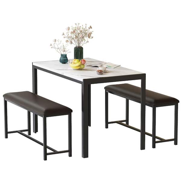 mieres 3-Piece White Marble Look Top Kitche Dining Table Set with Faux Marble Top Table and 2 PU Leather Upholstered Benches