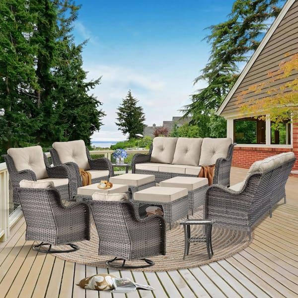 Xingzjojor Gray 12-Piece Wicker Outdoor Patio Conversation Seating Sofa Set with Beige Cushions and Swivel Rocking Chairs