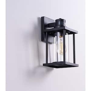 1-Light Textured Black Outdoor Motion Sensor Dask to Dawn Wall Lantern Sconce with Clear Glass Shade