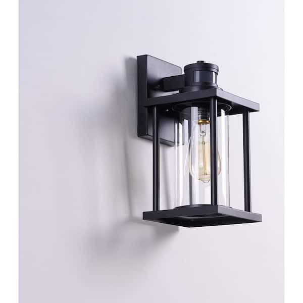 Unbranded 1-Light Textured Black Outdoor Motion Sensor Dask to Dawn Wall Lantern Sconce with Clear Glass Shade