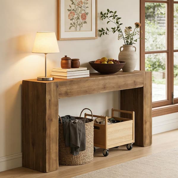 Turrella 63 in. Brown Rectangle Solid Wood Console Table, Farmhouse Entryway Table for Hallway, Living Room